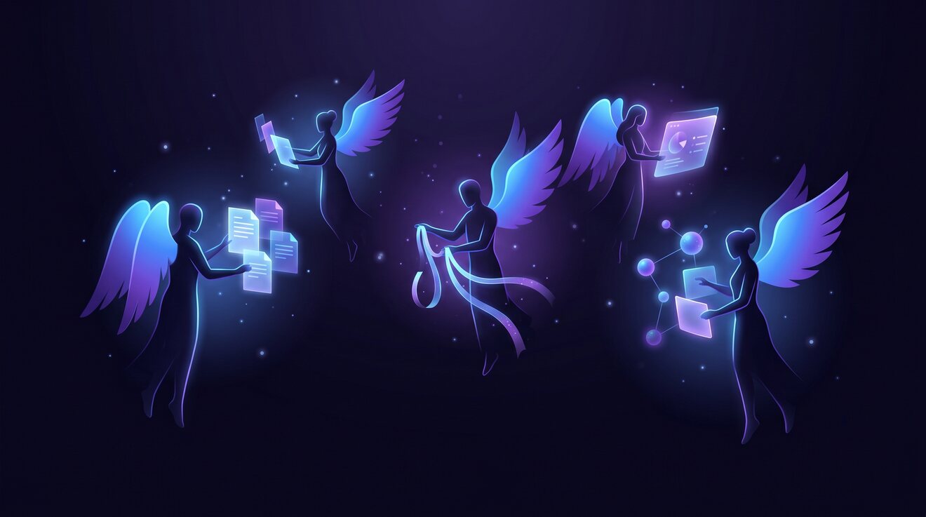 Luminous AI angels at work, each handling a task